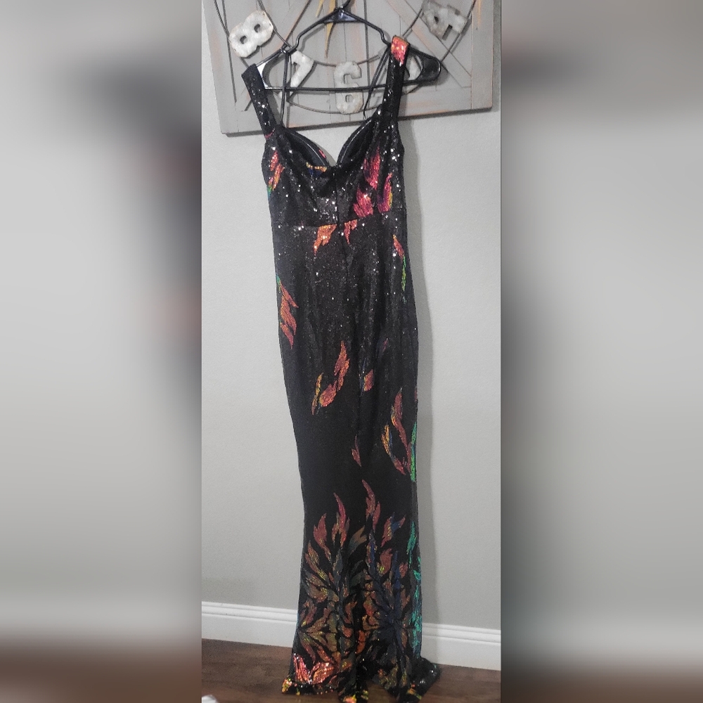 NWT-Love & Lemonade Sequin  Mermaid Gown Black Sweetheart Off Shoulder Size L - Picture 5 of 9